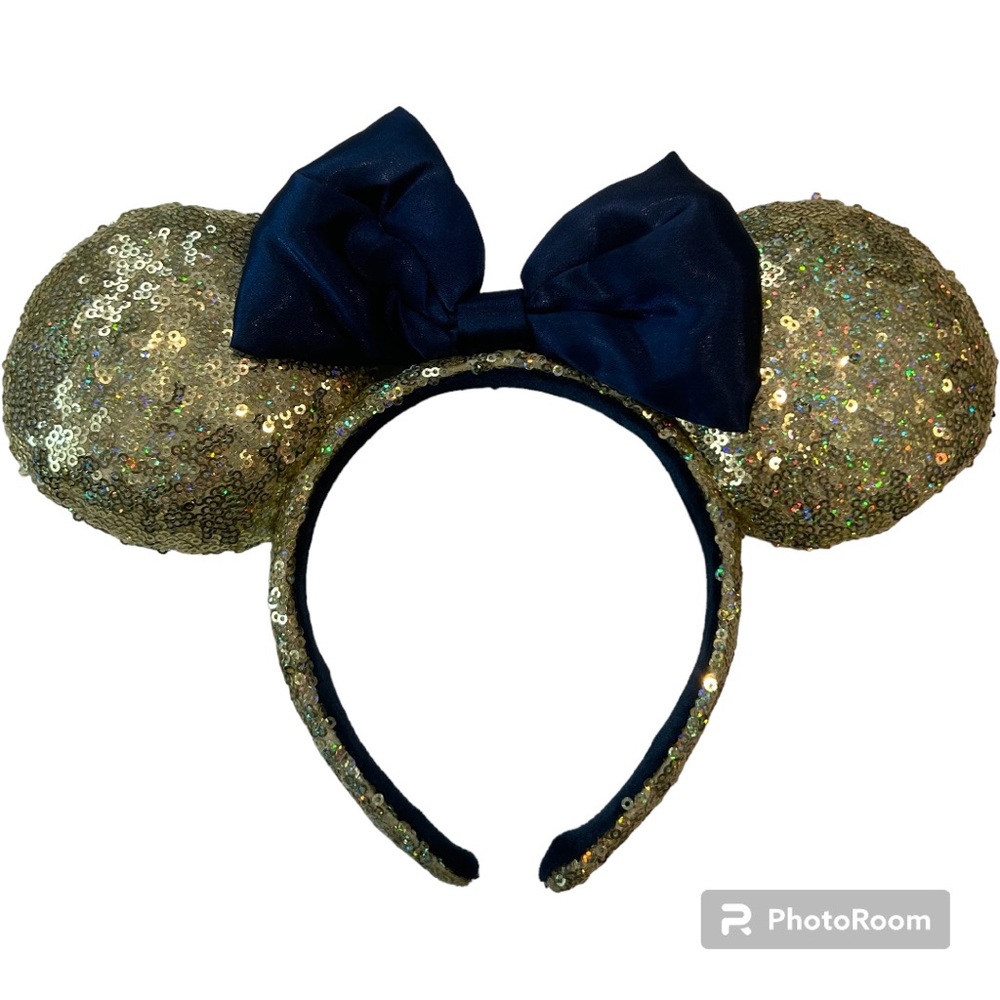 Disney 50th anniversary ears gold sequin blue bow Minnie Mouse